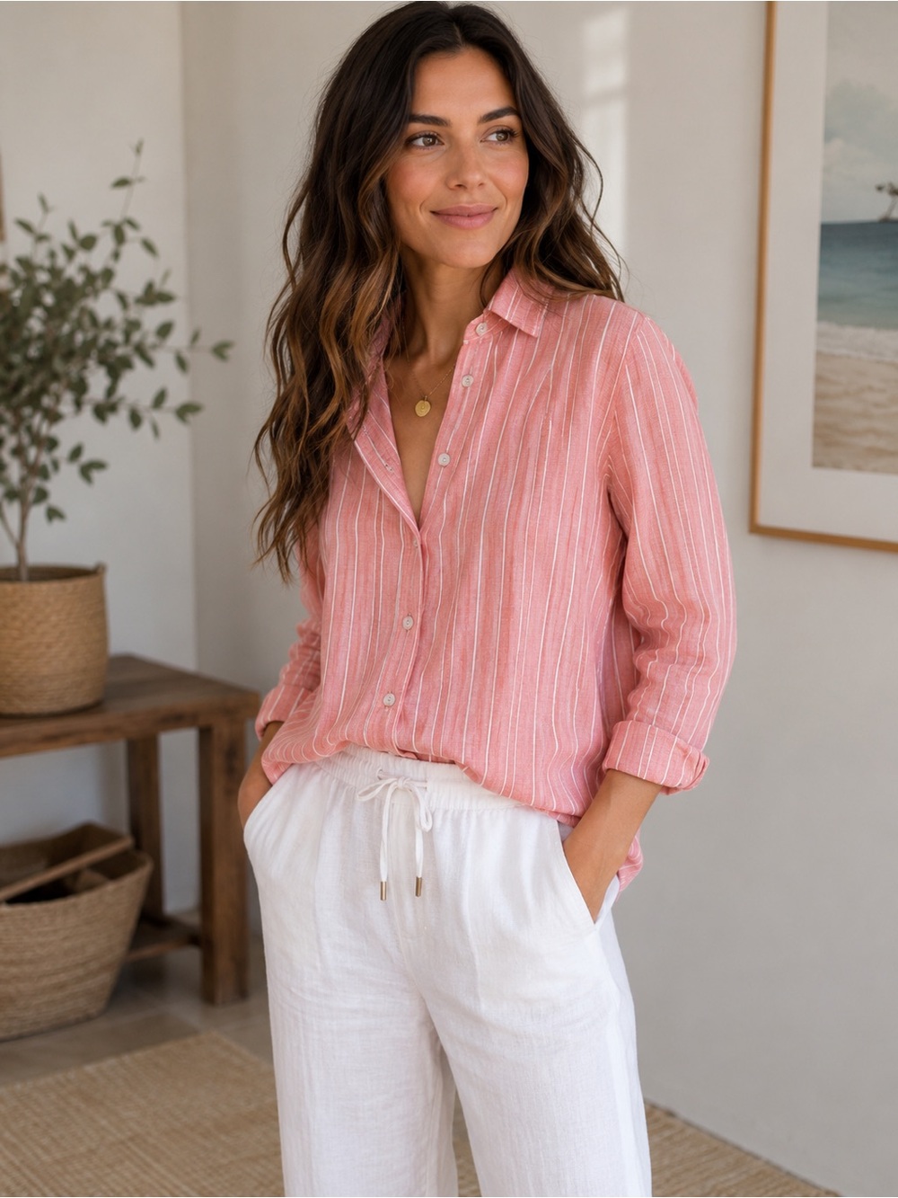 NWOT Chico's Coral & White Striped Button-Down Shirt Size 4/6